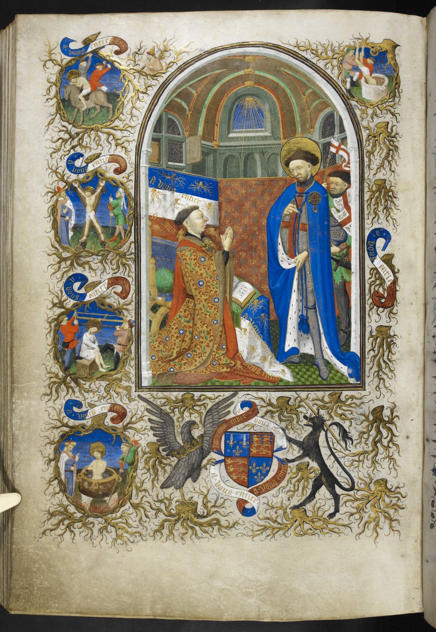 Dodaj Ms 18850 f.256v, Duke of Bedford przed St George, z Book of Hours (The Bedford Hours) c.1410-30 (tusz, kolor i złoto na welinie) autorstwa French School