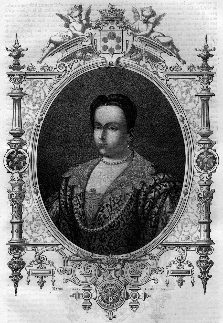 Adelajda Burgundzka (931-999), wdowa Lothaire (hrabia Paryża i książę Francji) i druga żona Otona I Wielkiego. Grawer w „Histoire des Papes-Rois-Queen and Empereurs a travers les Century” Maurice Lachatre autorstwa French School