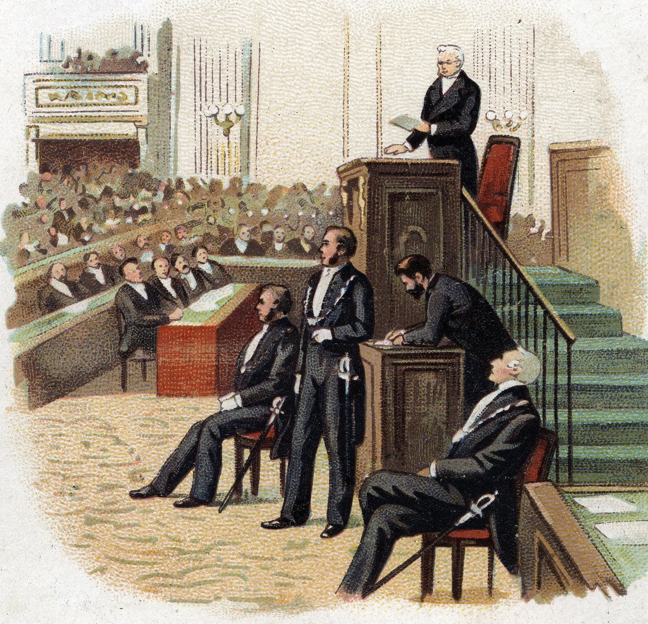 Adolphe Thiers (1797-1877), Prezydent Republiki na podium Zgromadzenia Narodowego w 1872 r. - Chromolitografia (Chromo) początku XX wieku. autorstwa French School