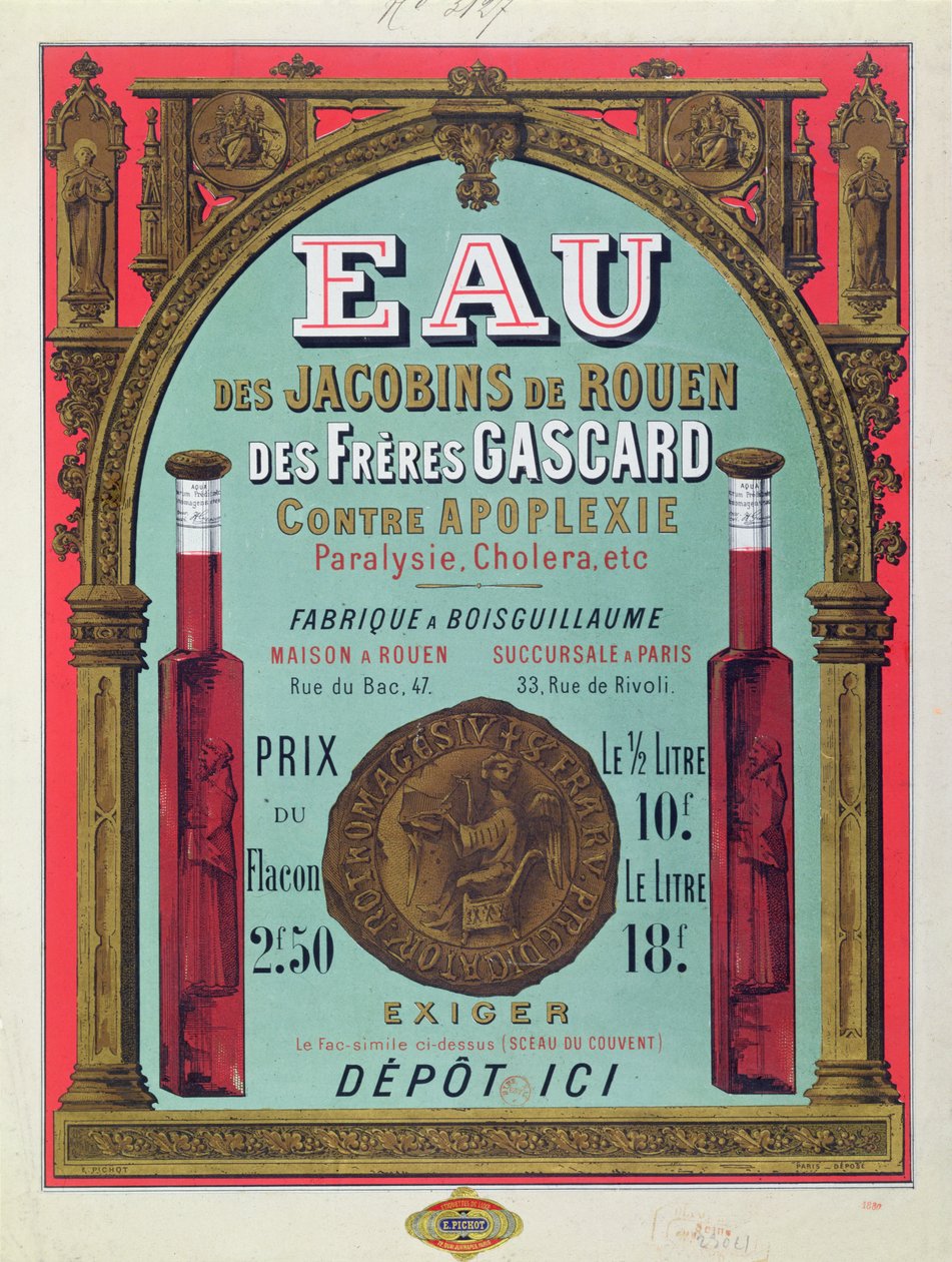 Reklama „Eau des Jacobins de Rouen”, połowa XIX wieku (kolor lito) autorstwa French School