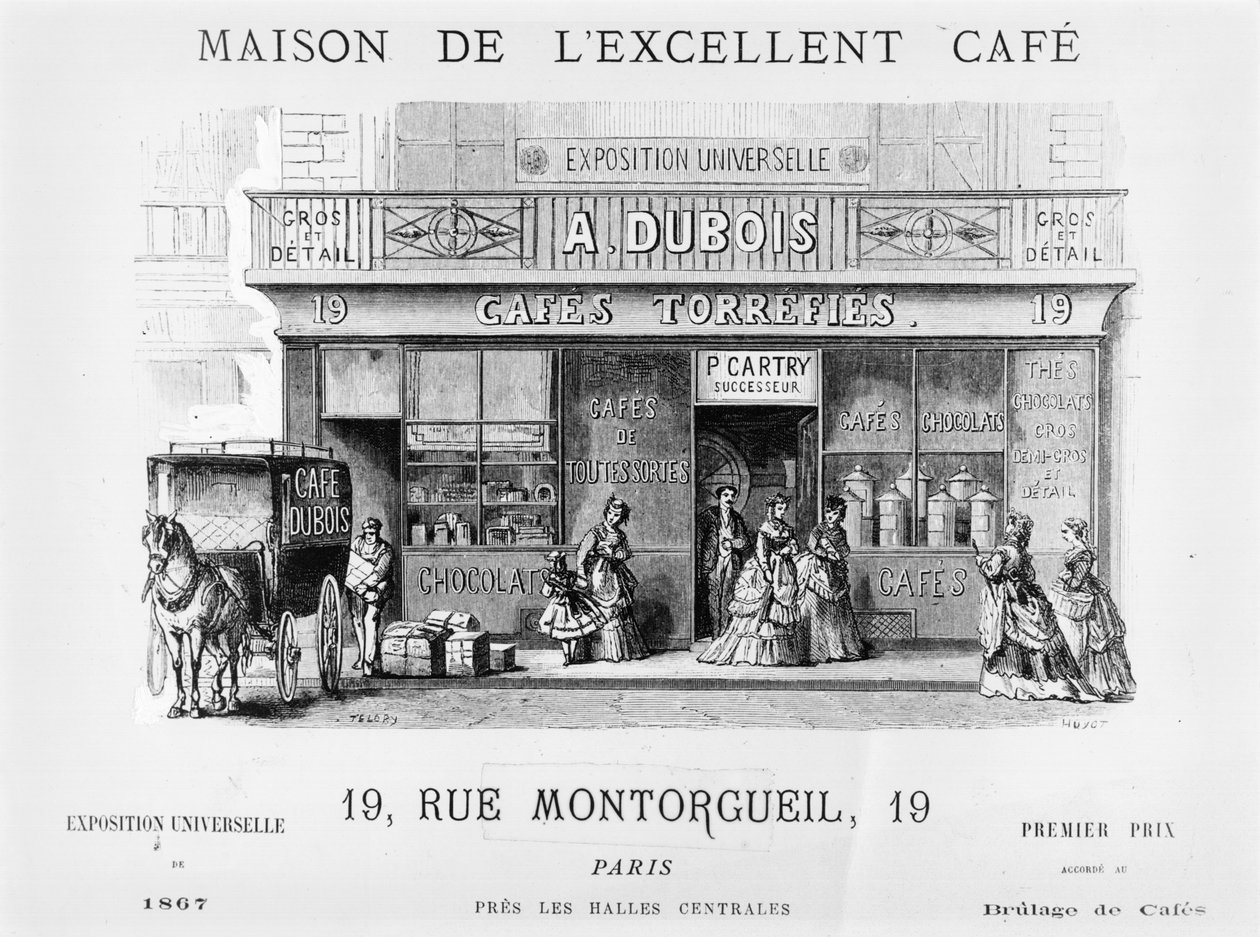 Reklama sprzedawcy kawy przy Rue Montorgueil, Paryż, ok. 1870 r. autorstwa French School
