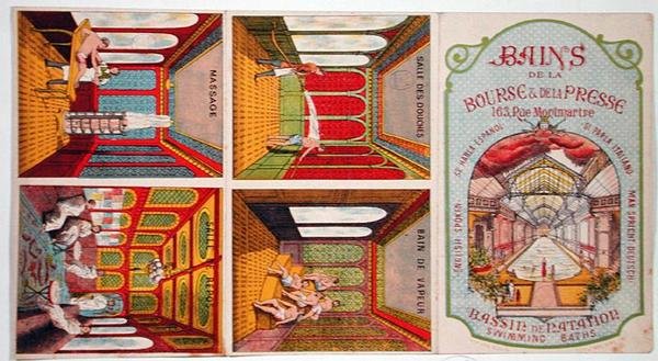 Reklama „Bains de la Bourse et de la Presse”, Paryż (kolorowy grawerunek) autorstwa French School