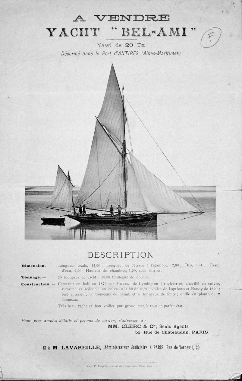 Ogłoszenie sprzedaży jachtu Guy de Maupassant Bel-Ami autorstwa French School