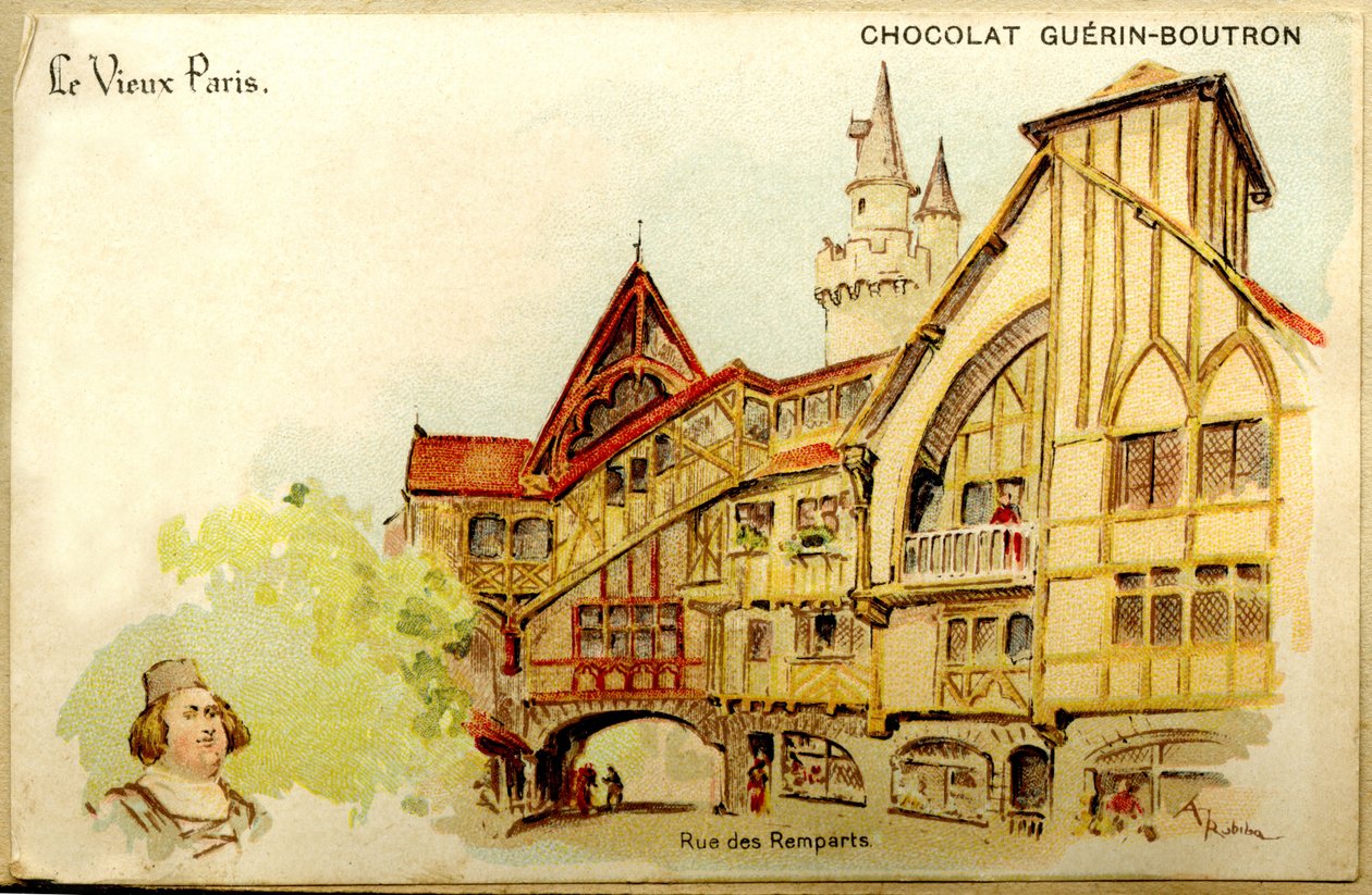Reklama Chromolitografia czekoladek Guerin Boutron, Stary Paryż, Rue des Remparts autorstwa French School