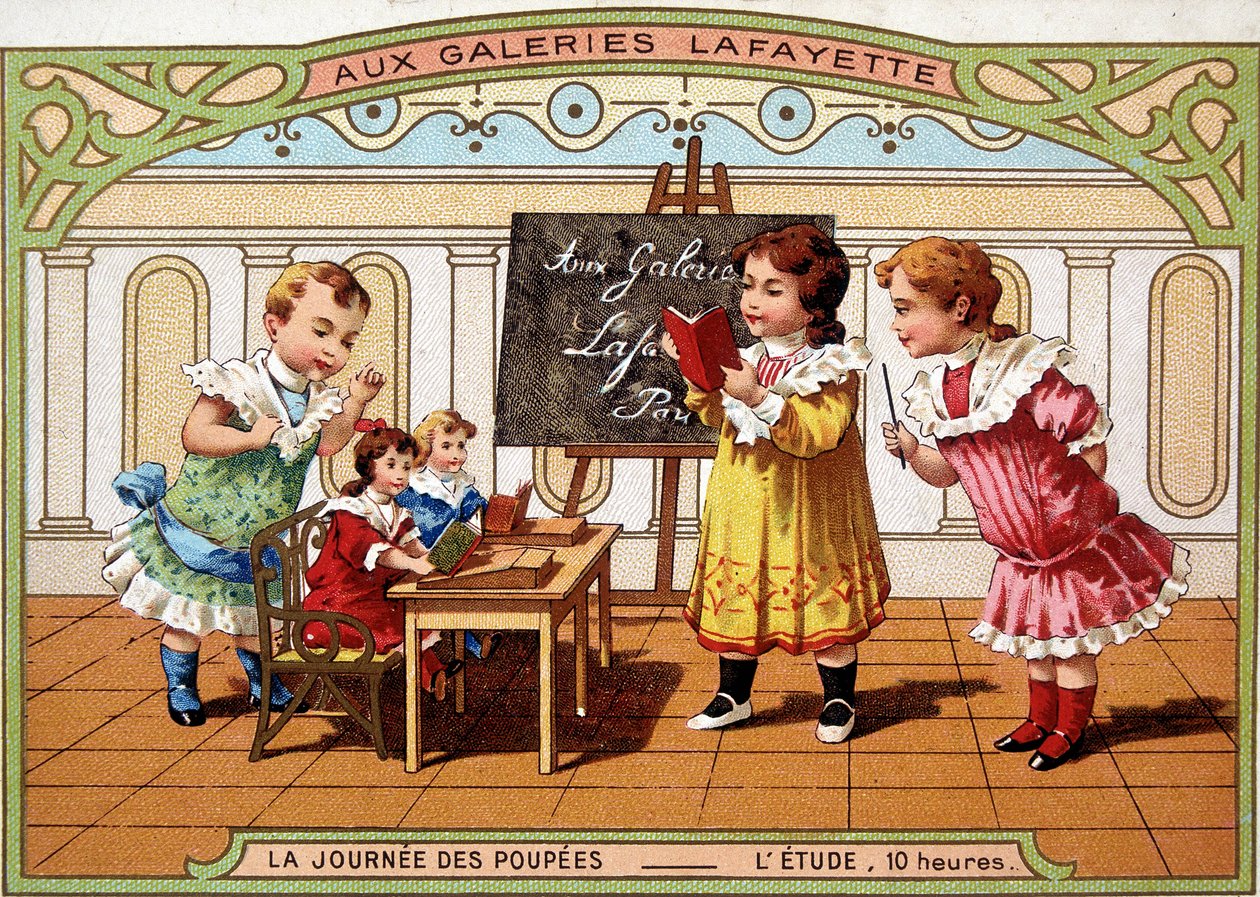 Karta reklamowa Galeries Lafayette: dziewczynki bawiące się jako nauczycielki ze swoimi lalkami. autorstwa French School
