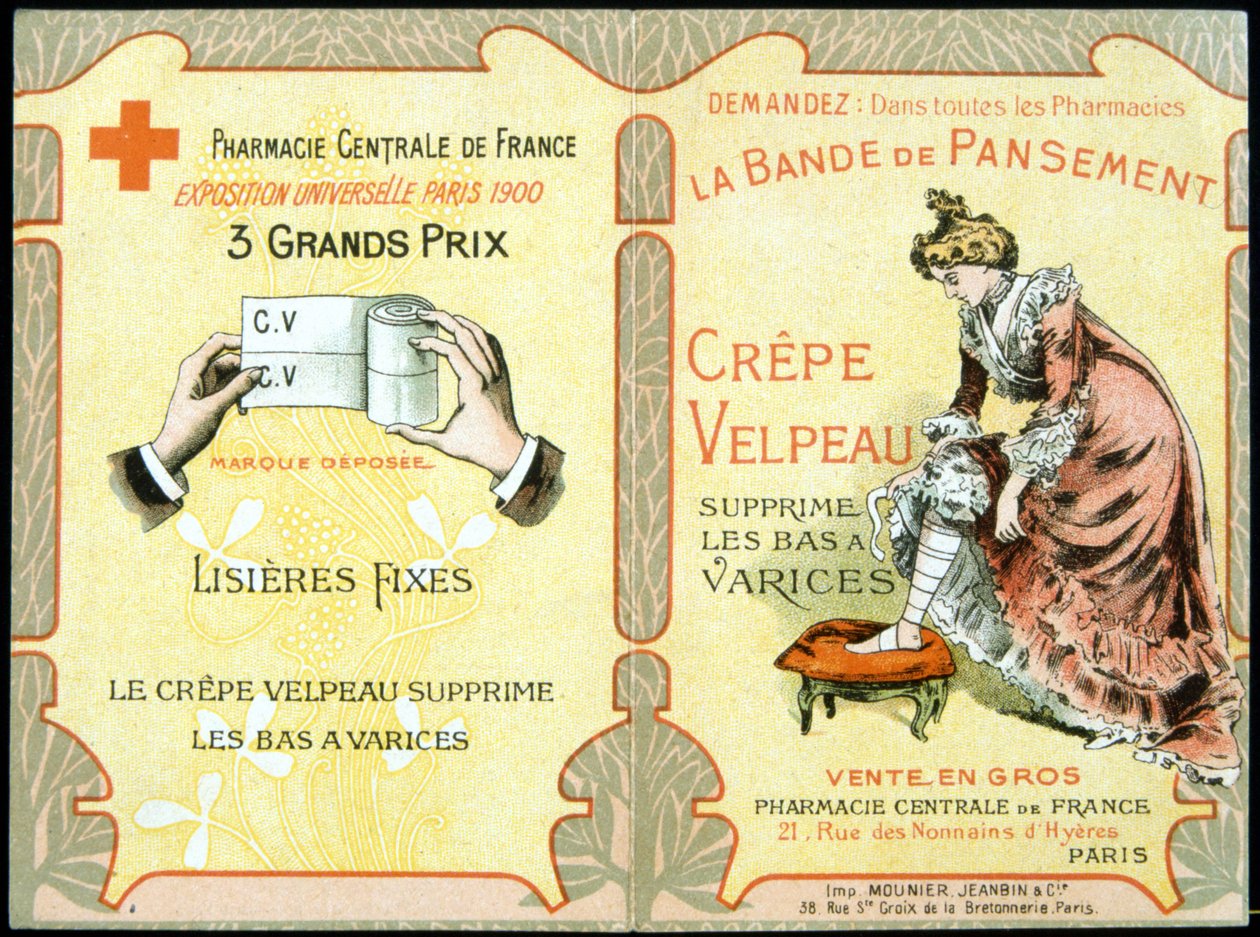 Karta reklamowa „Opatrunek z krepy Velpeau usuwa pończochy od żylaków”. Św. 19 wiek. autorstwa French School
