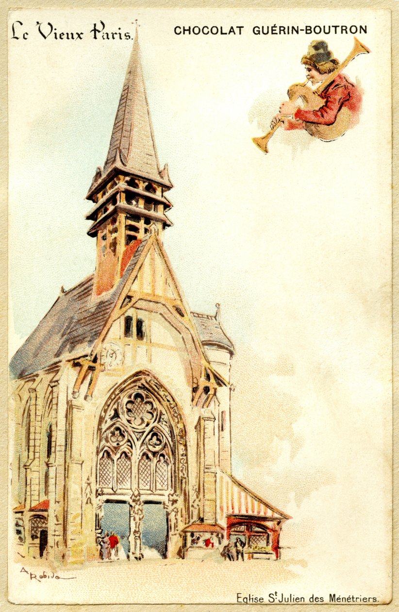 Chromolitografia reklamowa czekoladek Guerin Boutron, LE VIEUX PARIS, kościół Saint Julien des Menetriers autorstwa French School