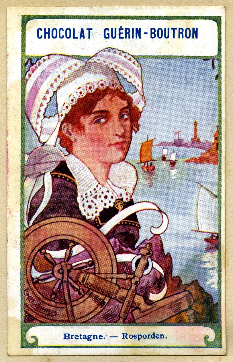 Chromolitografia reklamowa czekoladek Guerin Boutron, nakrycia głowy z regionów Francji, bretanii, rospordenów, ilustracja Emile Jammes (chromolitografia) autorstwa French School