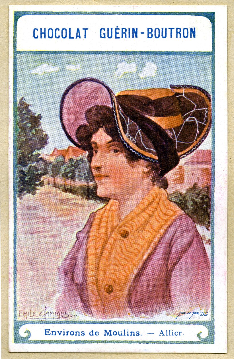 Chromolitografia reklamowa czekoladek Guerin Boutron, nakrycia głowy z regionów Francji, okolice Moulins, Allier, ilustracja Emile Jammes (chromolitografia) autorstwa French School