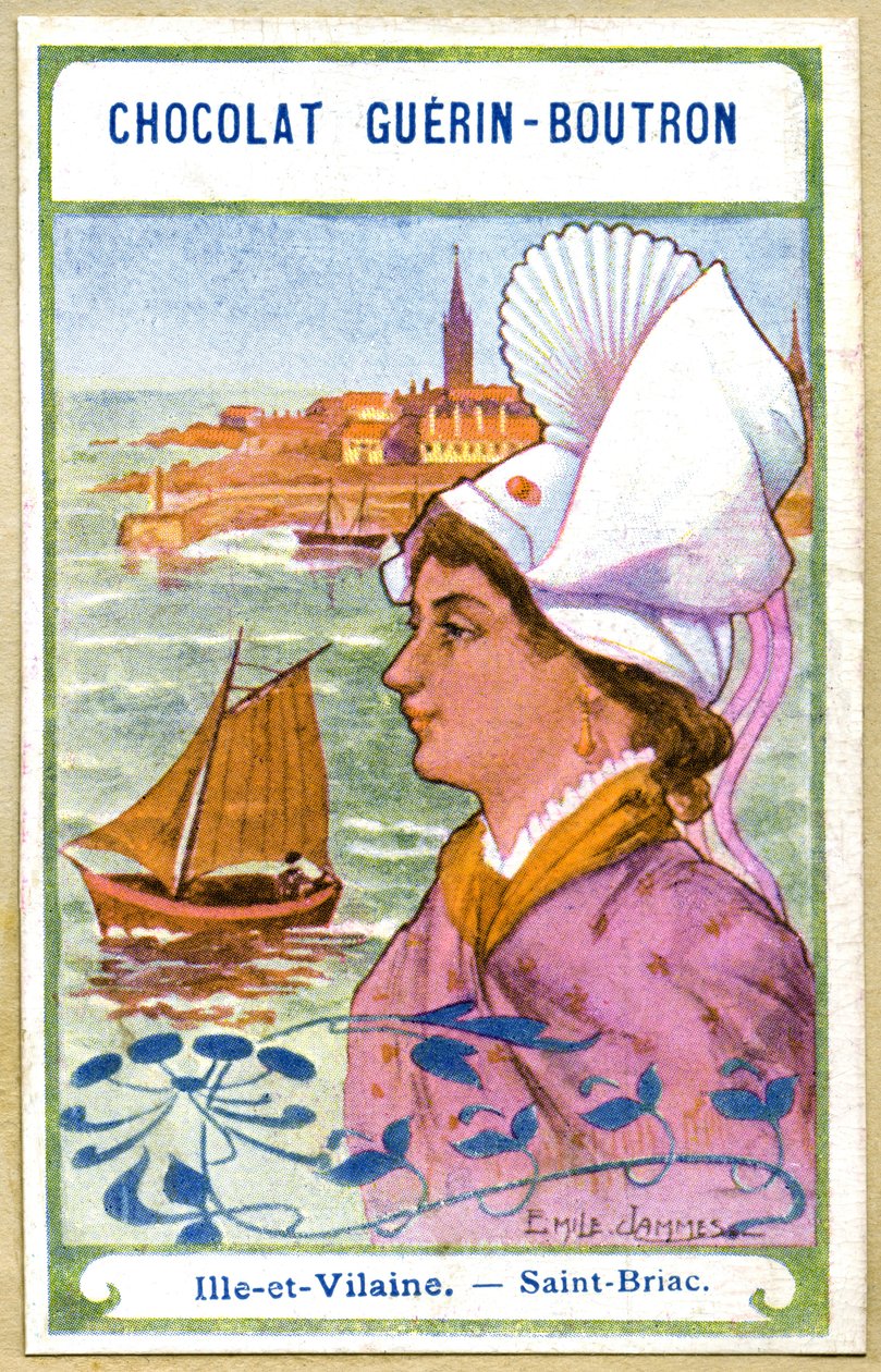 Chromolitografia reklamowa czekoladek Guerin Boutron, nakrycia głowy z regionów Francji, Ille et Vilaine, Saint Briac, ilustracja Emile Jammes (chromolitografia) autorstwa French School