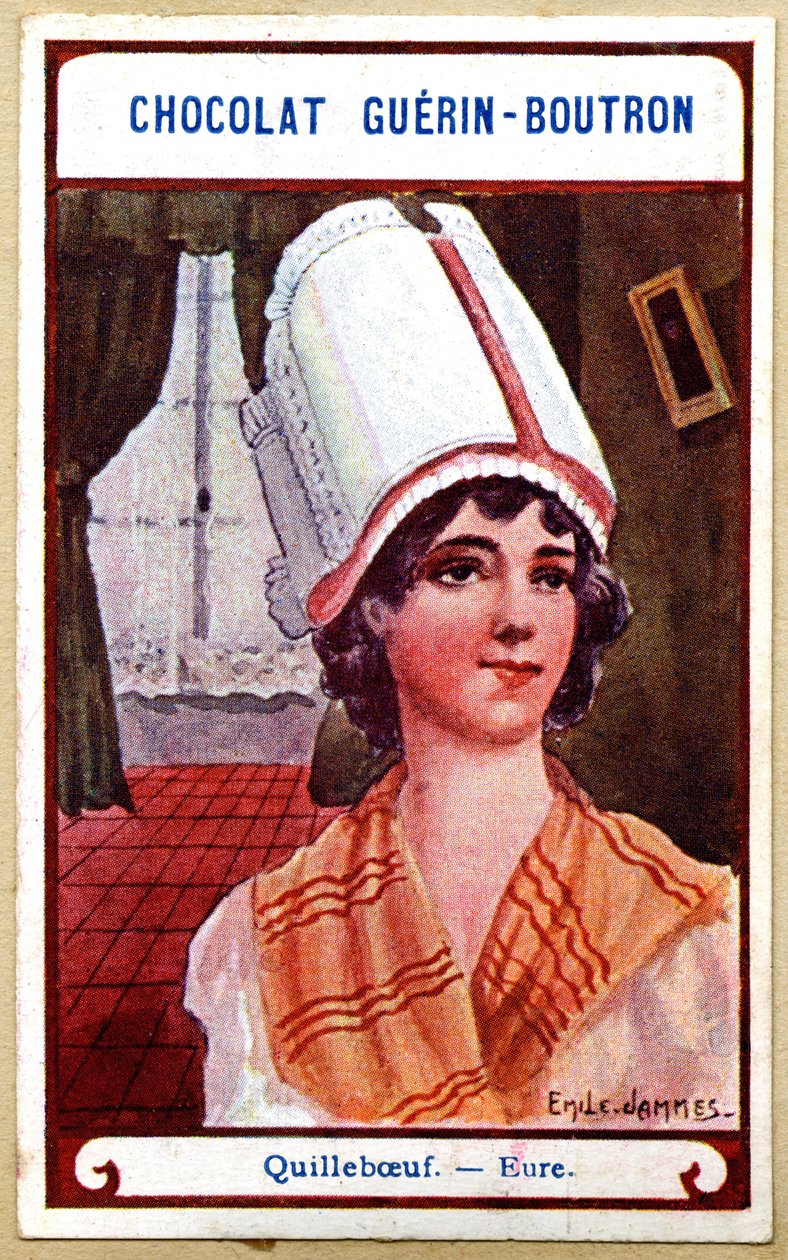 Chromolitografia reklamowa czekoladek Guerin Boutron, nakrycia głowy z regionów Francji, Quillebœuf, Eure, ilustracja Emile Jammes (chromolitografia) autorstwa French School
