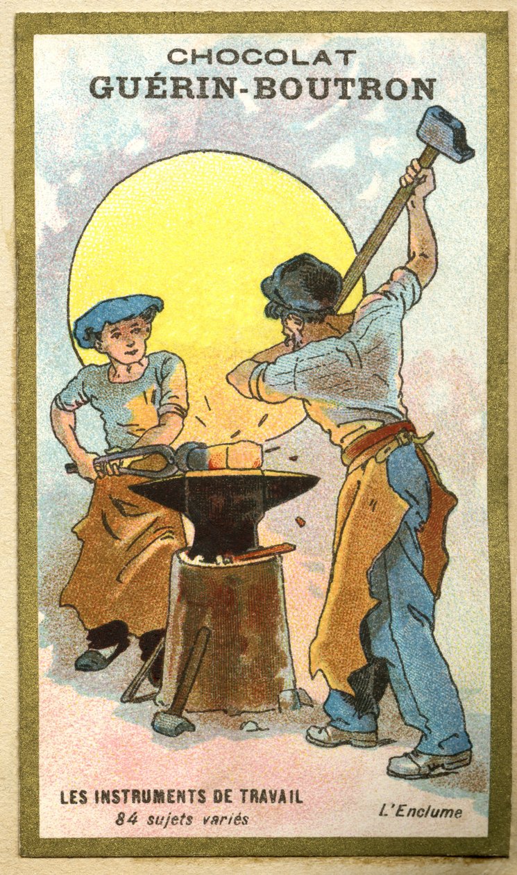 Chromolitografia reklamowa czekoladek Guerin Boutron, instrumenty pracy, 84 różne przedmioty, kowadło autorstwa French School