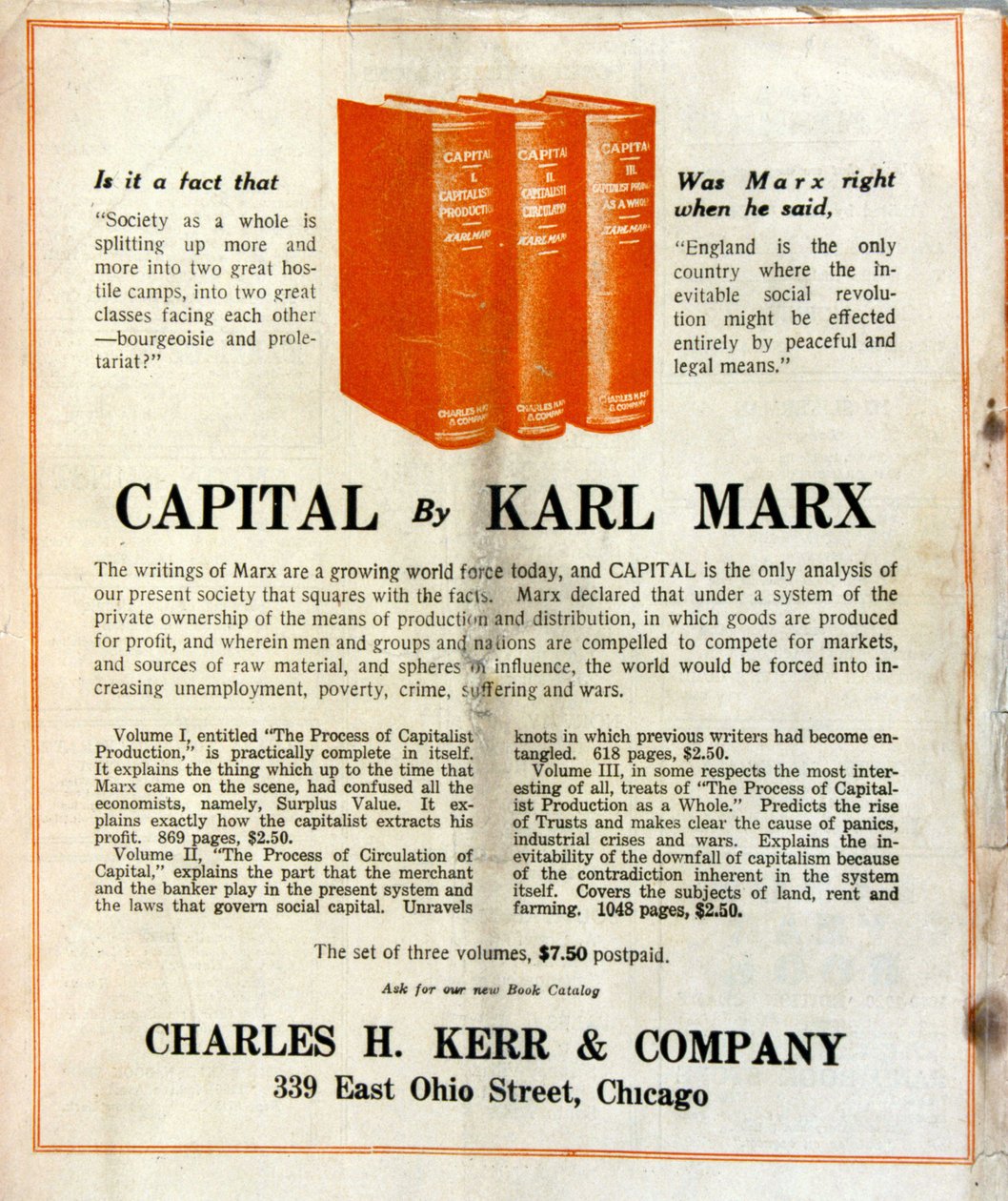 Reklama sprzedaży książki Karola Marksa „Le Capital” w amerykańskim magazynie autorstwa French School