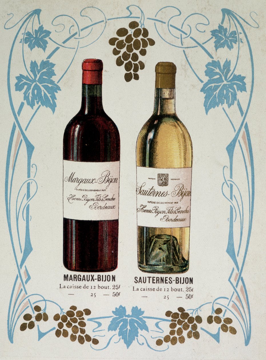 Reklama sprzedaży wina Margaux-Bijon (Margaux Bijon) i Sauternes-Bijon (Sauternes Bijon), 25frs z 12 butelek, 50frs na 25 autorstwa French School