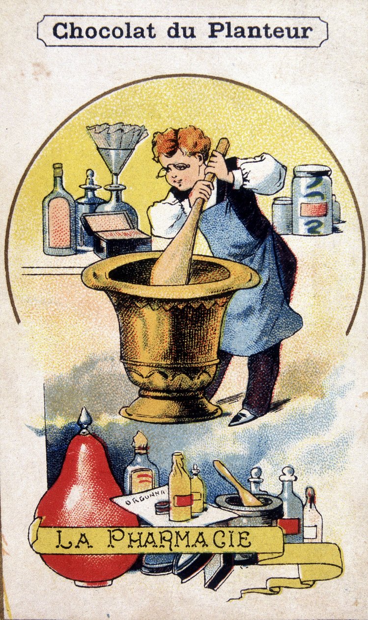 Pocztówka reklamowa fabryki czekolady plantatora. autorstwa French School