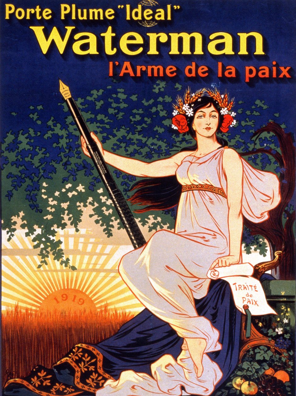 Plakat reklamowy „Idealny posiadacz fontanny Waterman, broń pokoju”” (kobieta trzymająca traktat pokojowy i pióro Watermana). Litografia 1919. autorstwa French School