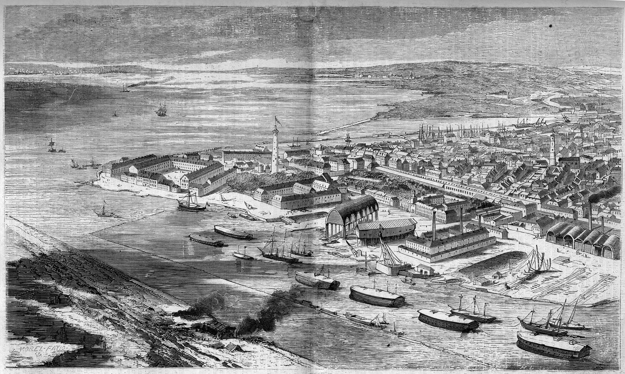 Widok z lotu ptaka na miasto i port Lorient, Morbihan (56) autorstwa French School