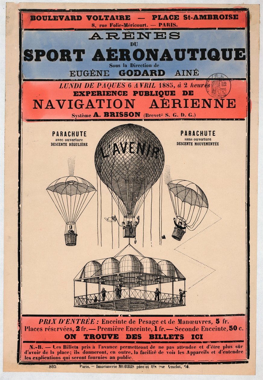 Wystawa lotnicza, która odbędzie się w Paryżu w 1885 r. pod kierunkiem Eugene Godarda, pb. 1885 (litografia kolorowa) autorstwa French School