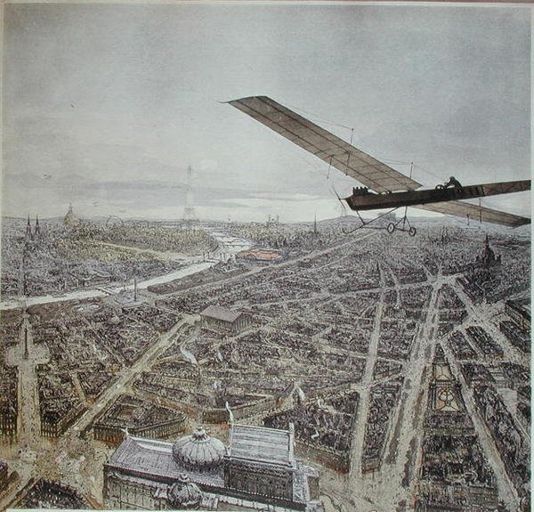 Samolot lecący nad Paryżem, ilustracja do kalendarza 1911 (kolor lito) autorstwa French School