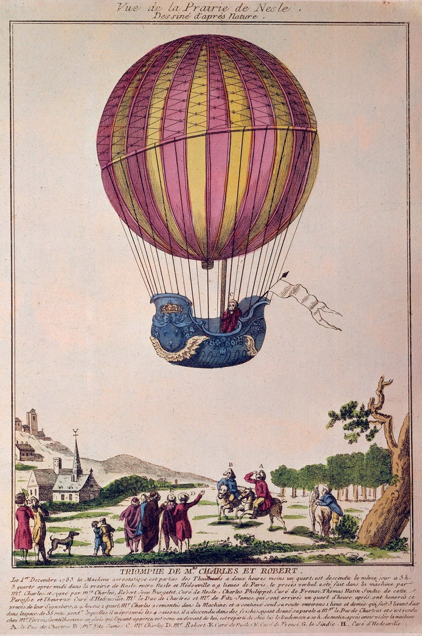 Aerostat: druga próba lotu balonem. Charles i Robert schodzą na Prairie de Nesle, niedaleko Paryża, po podróży balonem na wodór w dniu 01.12.1783. Rycina z XVIII wieku. autorstwa French School