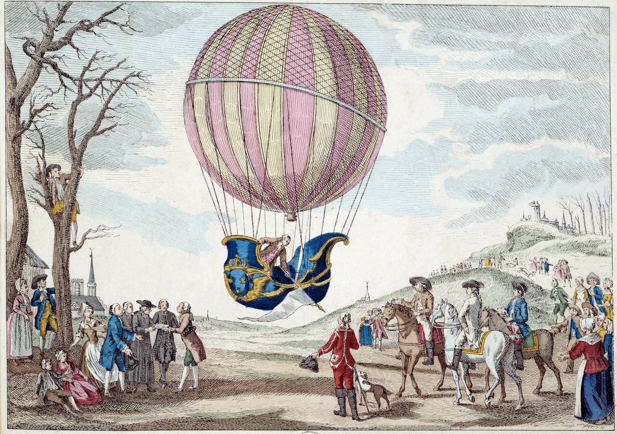 Aerostat: druga próba lotu balonem. Wznoszenie się balonem na gaz wodorowy Charlesa i Roberta na Prairie de Nesle, niedaleko Paryża, 01/12/1783. Anonimowy druk z XVIII wieku. Paryż, sztuka dekoracyjna autorstwa French School