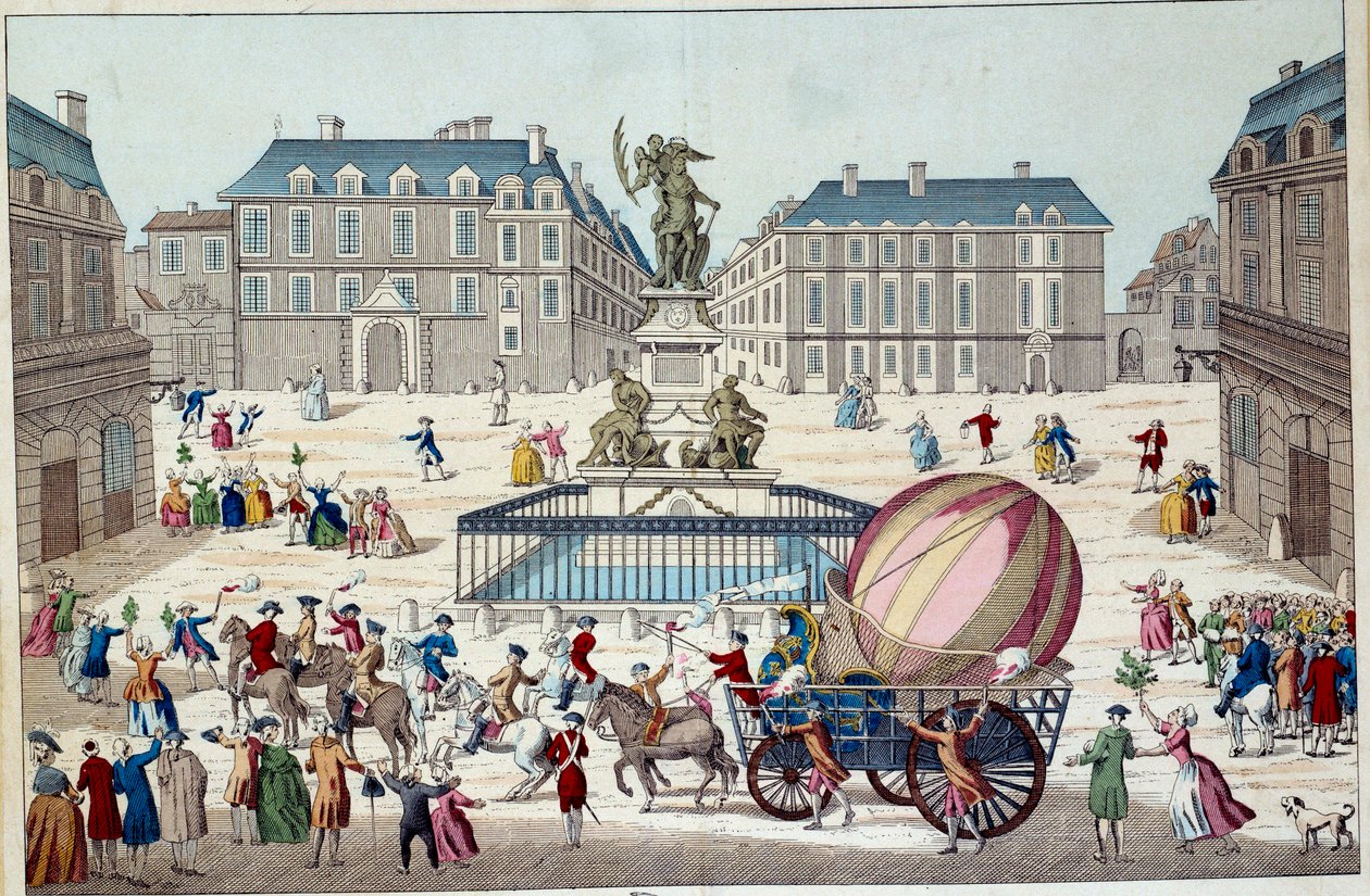 Aerostat: druga próba lotu balonem. Cały aerostatyczny glob Karola i Roberta w Paryżu, po podróży balonem na gaz wodorowy, 12.02.1783. Anonimowa rycina z XVIII w. Paryż, sztuka dekoracyjna autorstwa French School