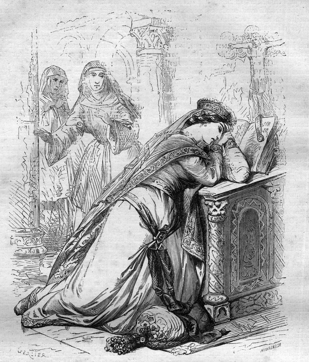Agnes de Meranie lub Meran (1172-1201), królowa Francji, została wysłana do klasztoru przez króla Filipa Augusta. Grawer w „”Historii papieży (...) Zbrodnie królowej króla i cesarzy na przestrzeni wieków” Maurice Lachatre autorstwa French School