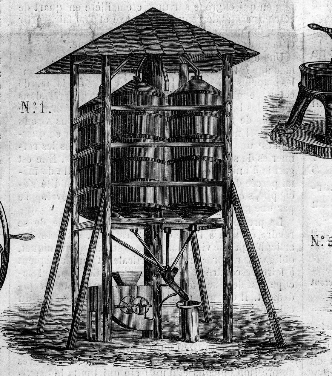 Maszyna rolnicza: konserwatywny strych na pszenicę prezentowany na Wystawie Rolniczej w Paryżu w 1860 roku. Grawerowanie w „”Le Monde Illustré””n°168 z 30 czerwca autorstwa French School