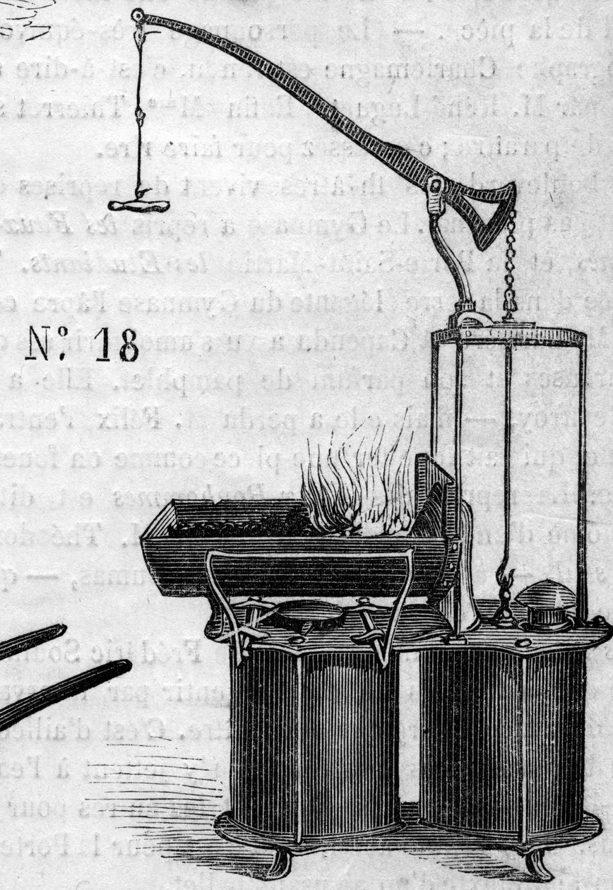 Maszyna rolnicza: kuźnia tłokowa z podwójnym wiatrem zaprezentowana na paryskim konkursie rolniczym w 1860 r. Grawer „” Le Monde Illustré” nr 172 z 28 lipca 1860 r. autorstwa French School