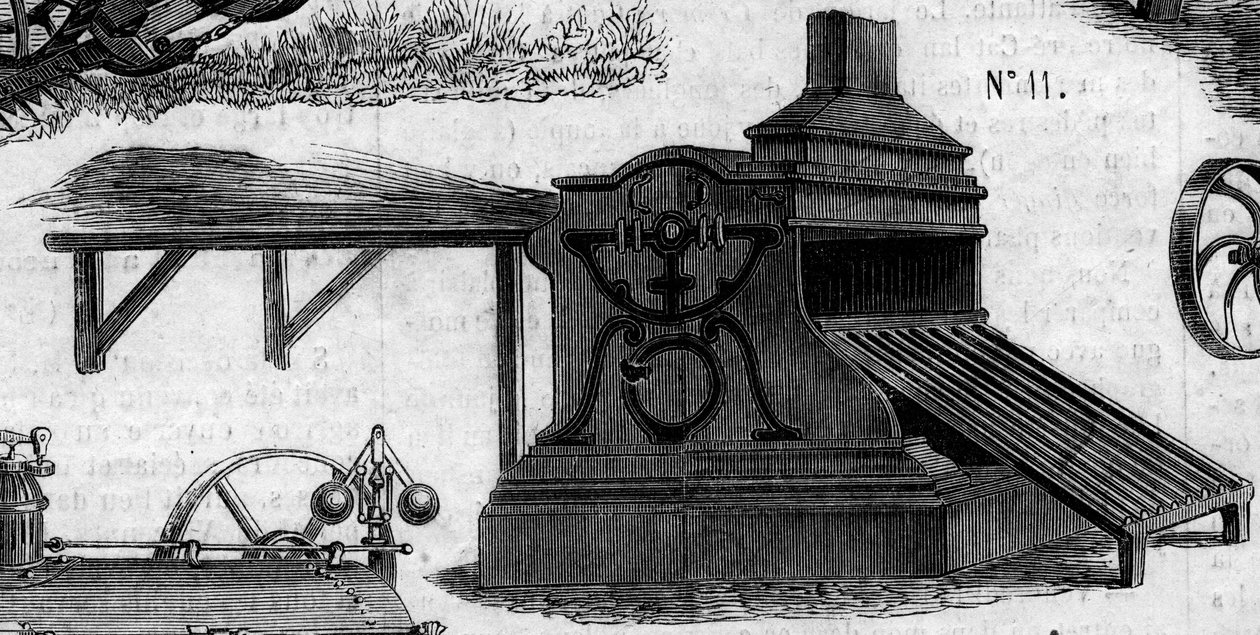Maszyna rolnicza: młocarnia zaprezentowana na paryskim konkursie rolniczym w 1860 r. Grawer „” Le Monde Illustré” nr 169 z 7 lipca 1860 r. autorstwa French School