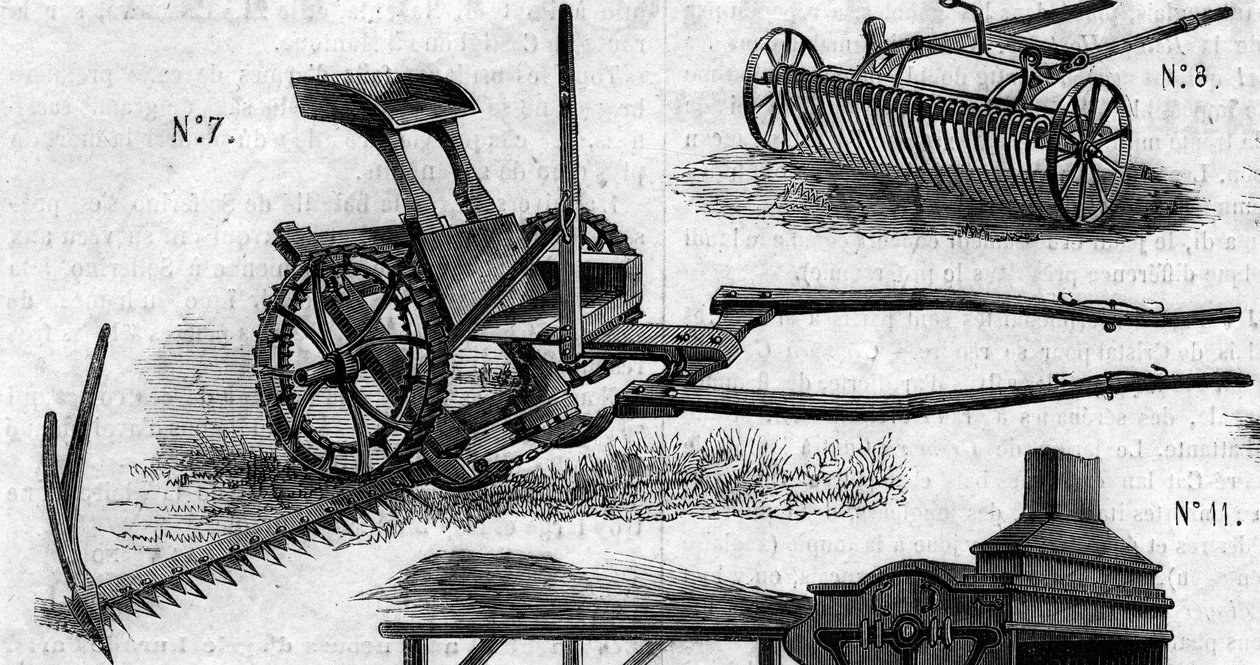 Maszyna rolnicza: amerykańska kosiarka zbożowa zaprezentowana na paryskim konkursie rolniczym w 1860 r. Grawer „” Le Monde Illustré” nr 169 z 7 lipca 1860 r. autorstwa French School