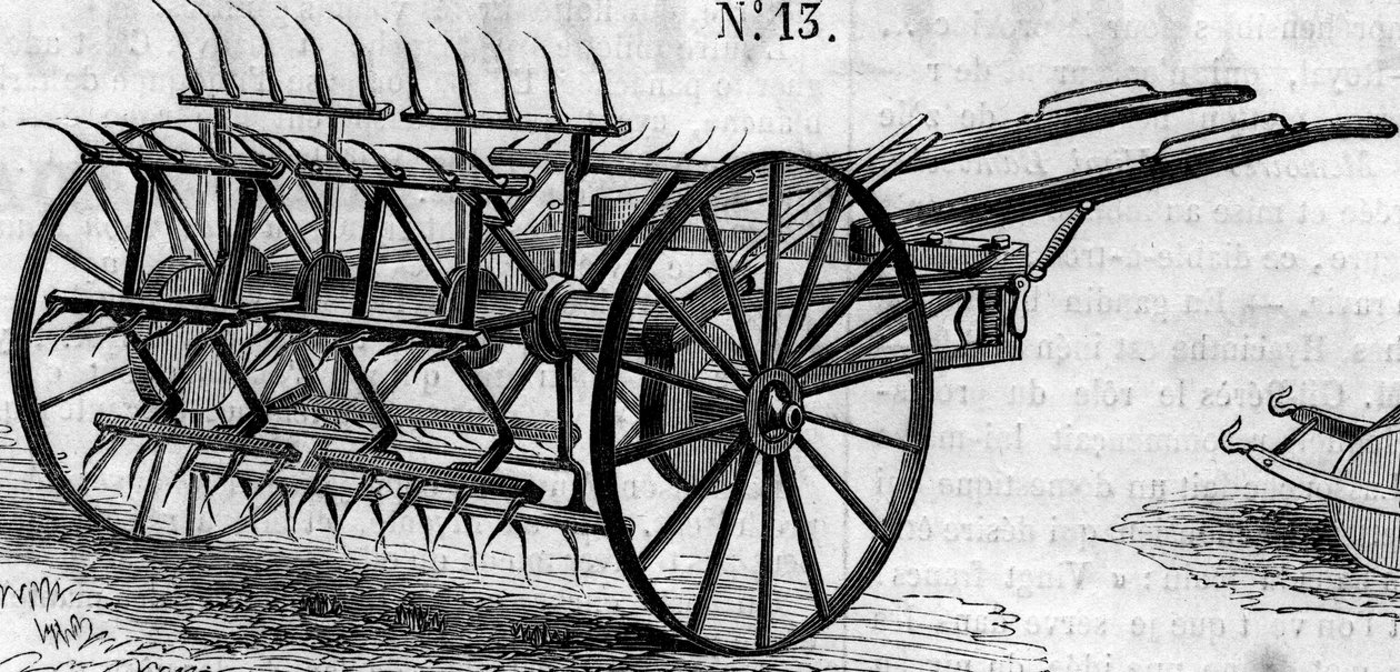Maszyna rolnicza: angielski przetrząsacz o podwójnym działaniu zaprezentowany na paryskim konkursie rolniczym w 1860 r. Grawer „” Le Monde Illustré” nr 172 z 28 lipca 1860 r. autorstwa French School