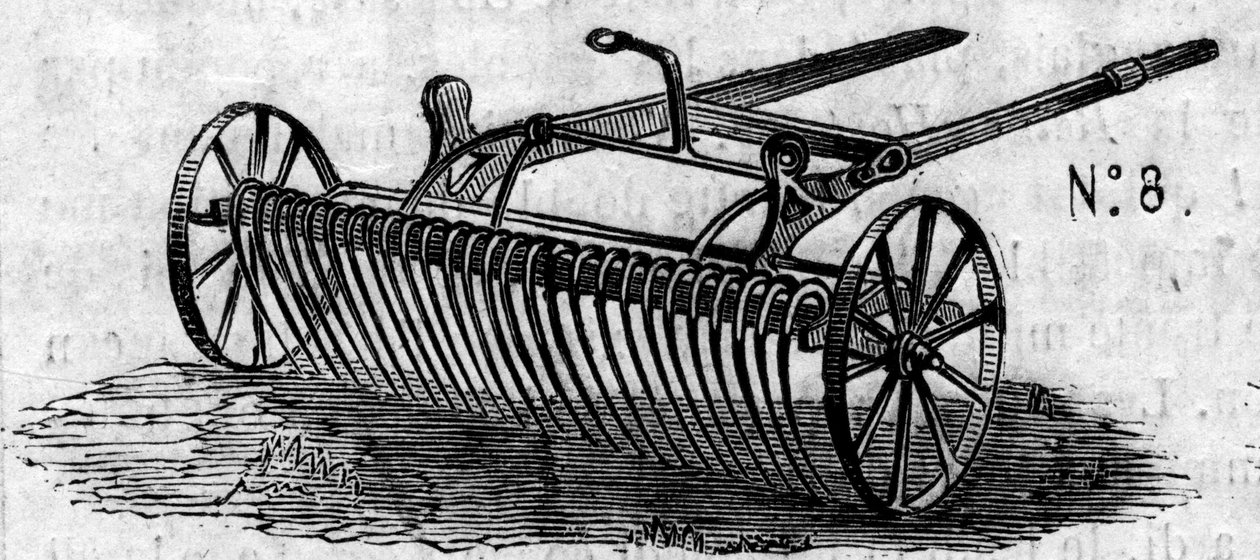 Maszyna rolnicza: angielska grabiarka zaprezentowana na paryskim konkursie rolniczym w 1860 r. Grawer „” Le Monde Illustré” nr 169 z 7 lipca 1860 r. autorstwa French School