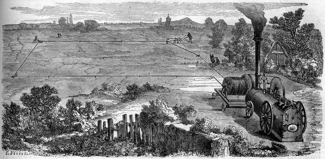 Rolnictwo: chłopi wykorzystujący do uprawy maszynę parową. Grawer w „Le Monde Illustré” nr 131 z dnia 15 października 1859 r. autorstwa French School
