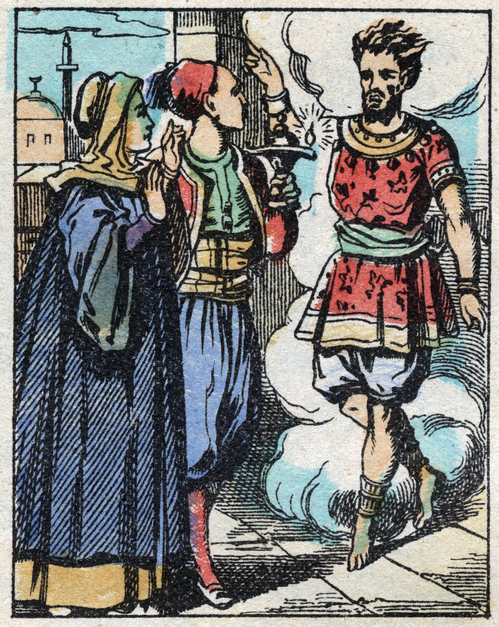 Aladin i jego matka potarli magiczną lampę i sprawili, że pojawił się dżin. Grawerowanie bajki z tysiąca i jednej nocy „”Aladyn i cudowna lampa””. Obrazowanie epinal, koniec XIX wieku. Prywatna kolekcja. autorstwa French School