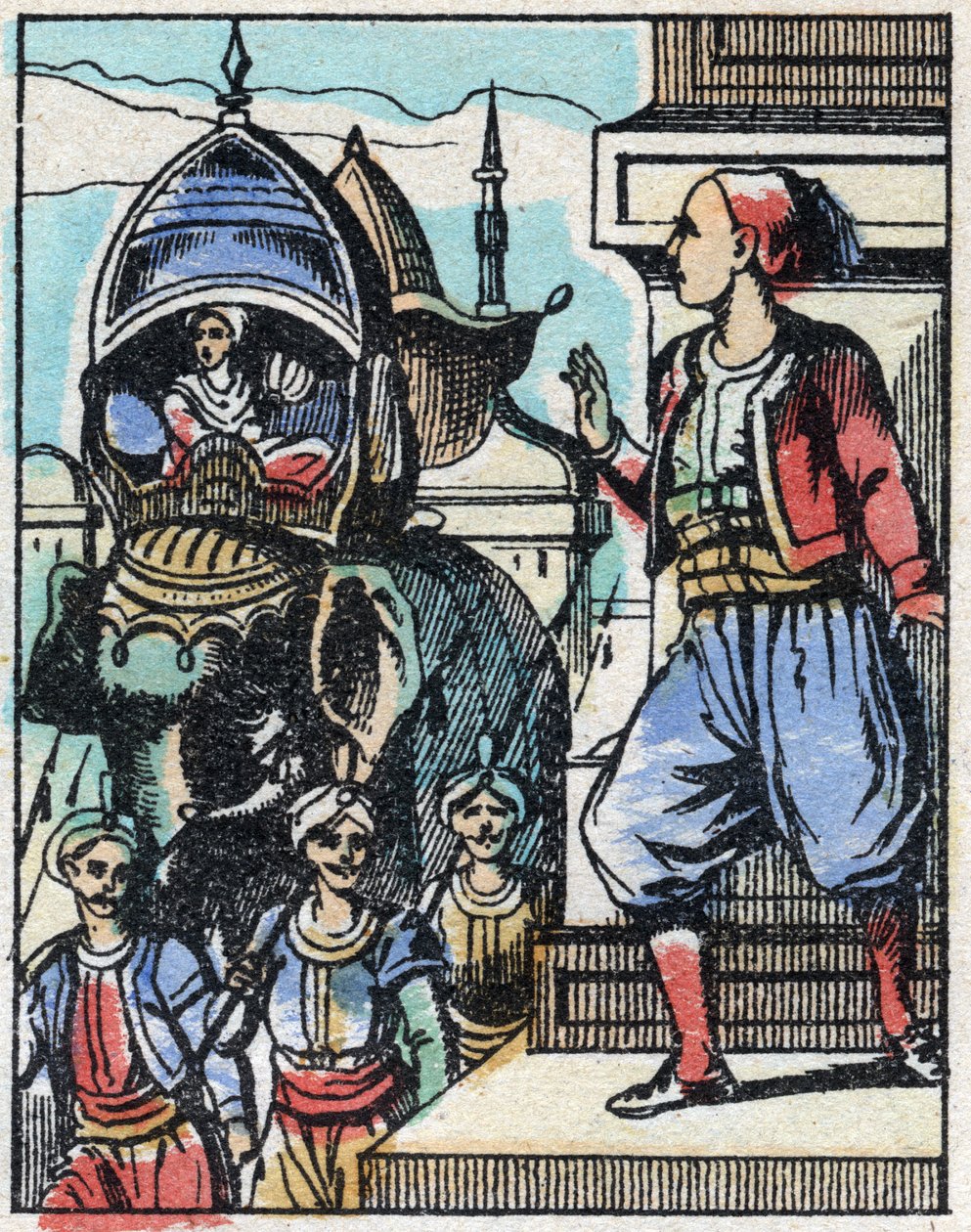Aladin zakochuje się w córce sułtana. Grawerowanie bajki z tysiąca i jednej nocy „”Aladyn i cudowna lampa””. Obrazowanie epinal, koniec XIX wieku. Prywatna kolekcja. autorstwa French School