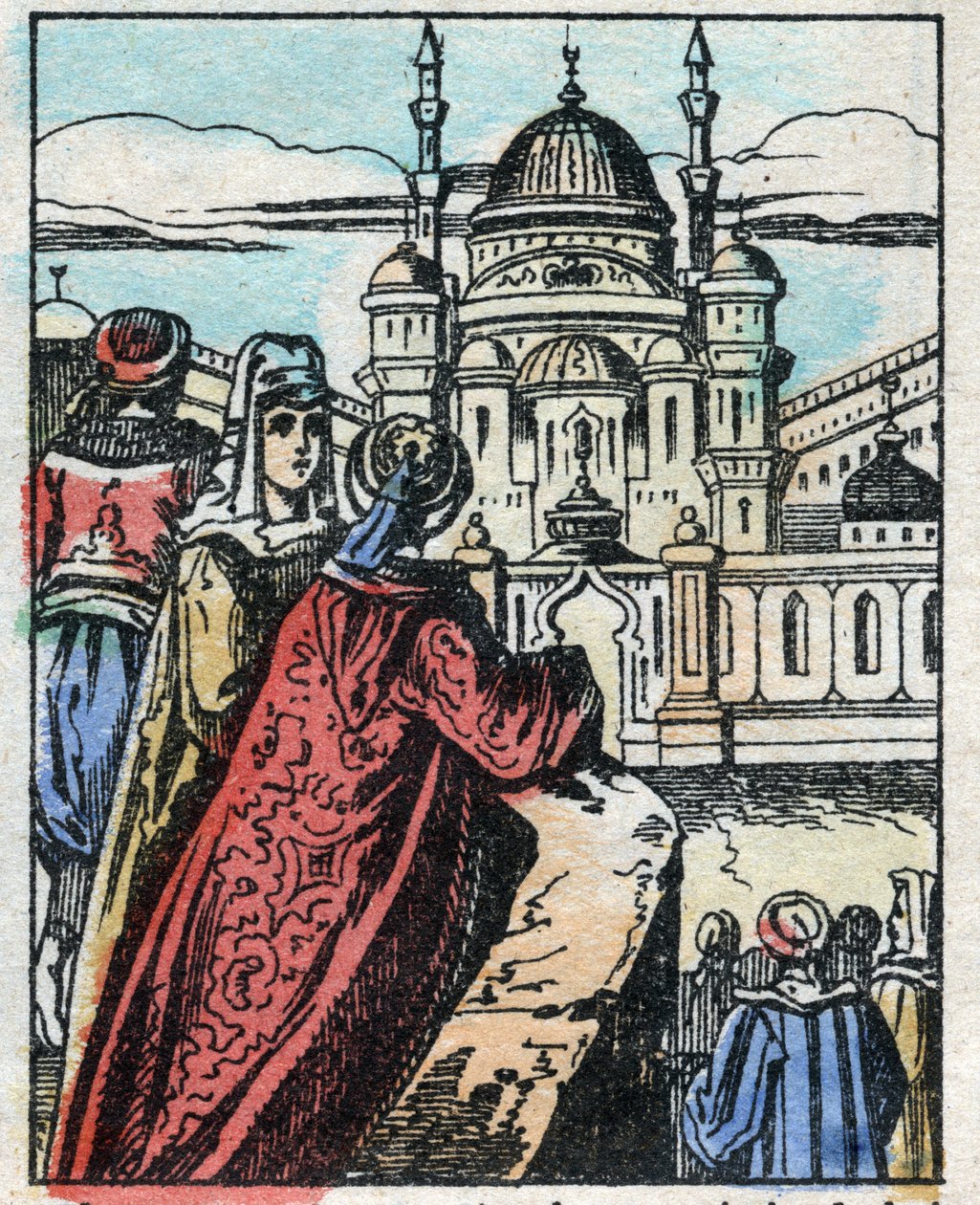 Aladin życzy Genie, aby wybudował okazały pałac naprzeciwko pałacu sułtana. Grawerowanie bajki z tysiąca i jednej nocy „”Aladyn i cudowna lampa””. Obrazowanie epinal, koniec XIX wieku. Prywatna kolekcja. autorstwa French School