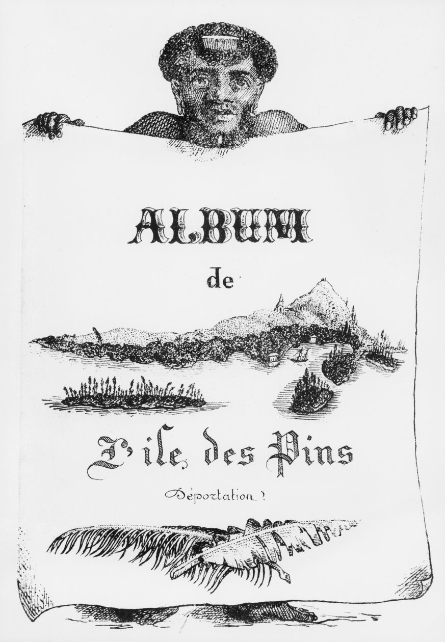Album Isle of Pines, Nowa Kaledonia, deportacja, ilustracja na okładce, 1877 (bw litho) autorstwa French School