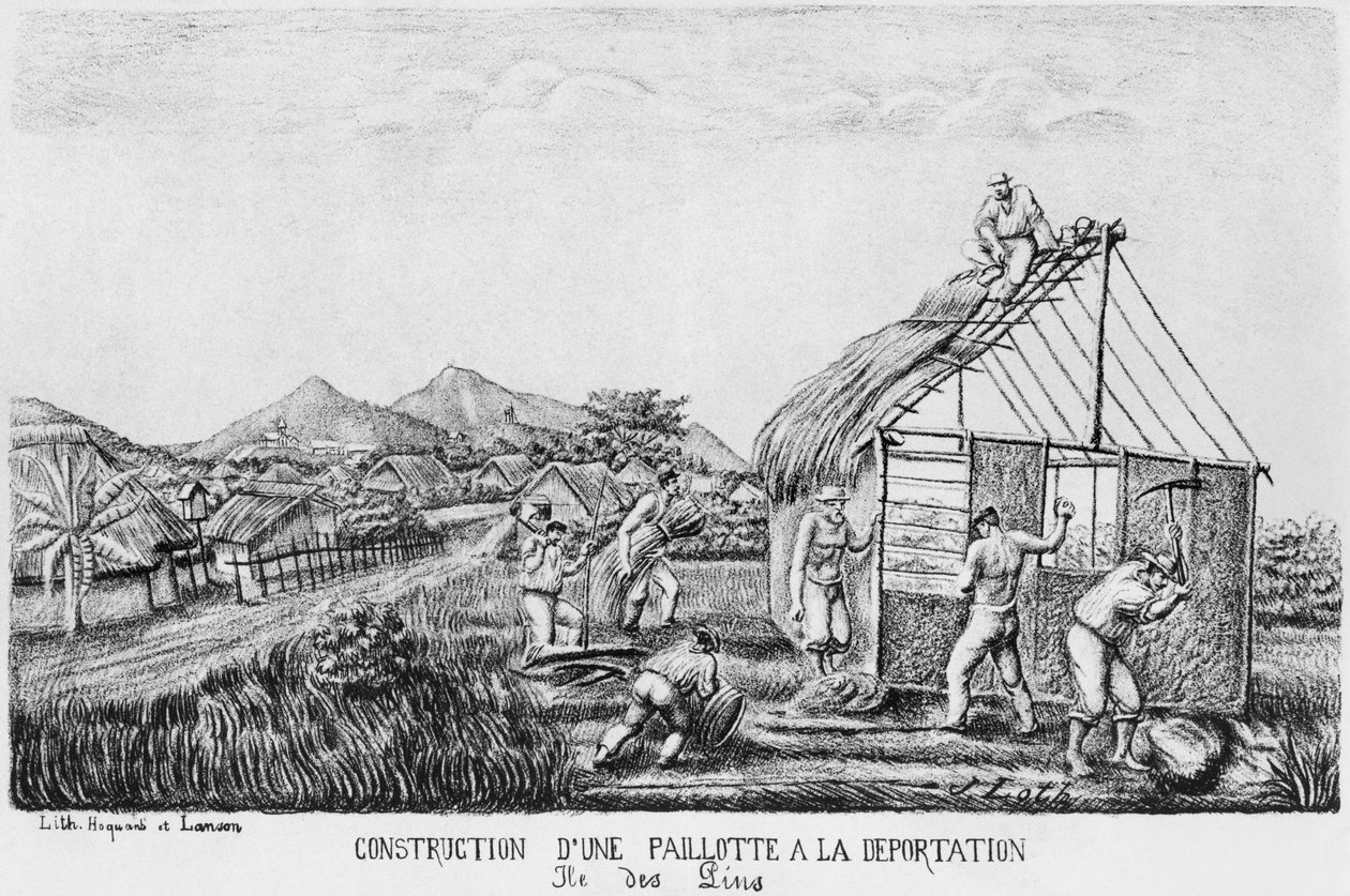 Album Isle of Pines, budowa chaty ze słomy przez przesiedleńców, 1878-79 autorstwa French School