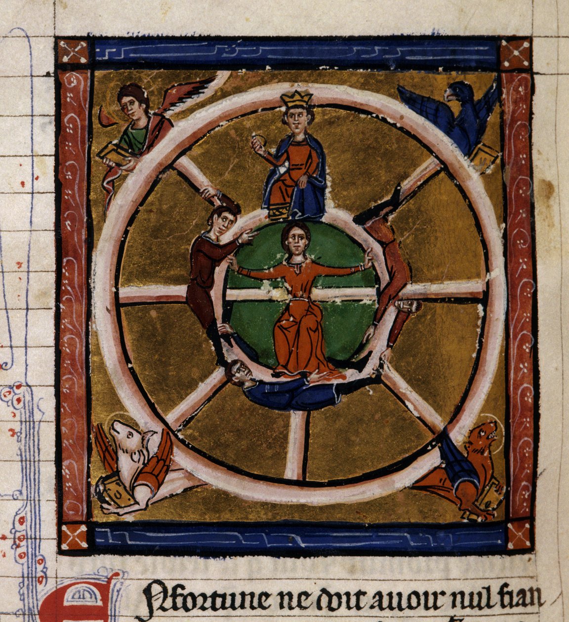 Aleksander III Wielki (356-323 pne) siedzący na kole fortuny otacza Tetramorfa. Miniatura rękopisu „Histoire ancienne à la Cesar” ok. 1260-1270 napisana przez urzędnika dworu Rogera IV, kasztelana z Lille (120 autorstwa French School