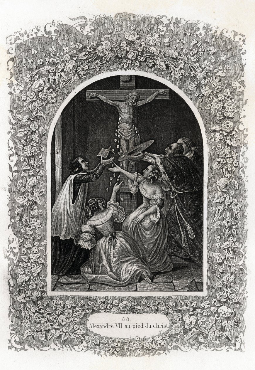 Aleksander VII (Aleksander lub Alessandro) (papież 1655-1667) u stóp Chrystusa. Rycina ilustrująca Histoire des Popes Maurice