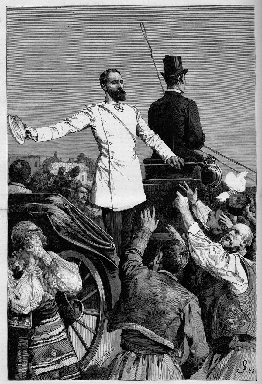 Aleksander Battenberg – książę Aleksander I po swojej abdykacji został przyjęty przez lud, gdy opuścił Sofię. Grawerowanie w „Świat sławny” autorstwa French School