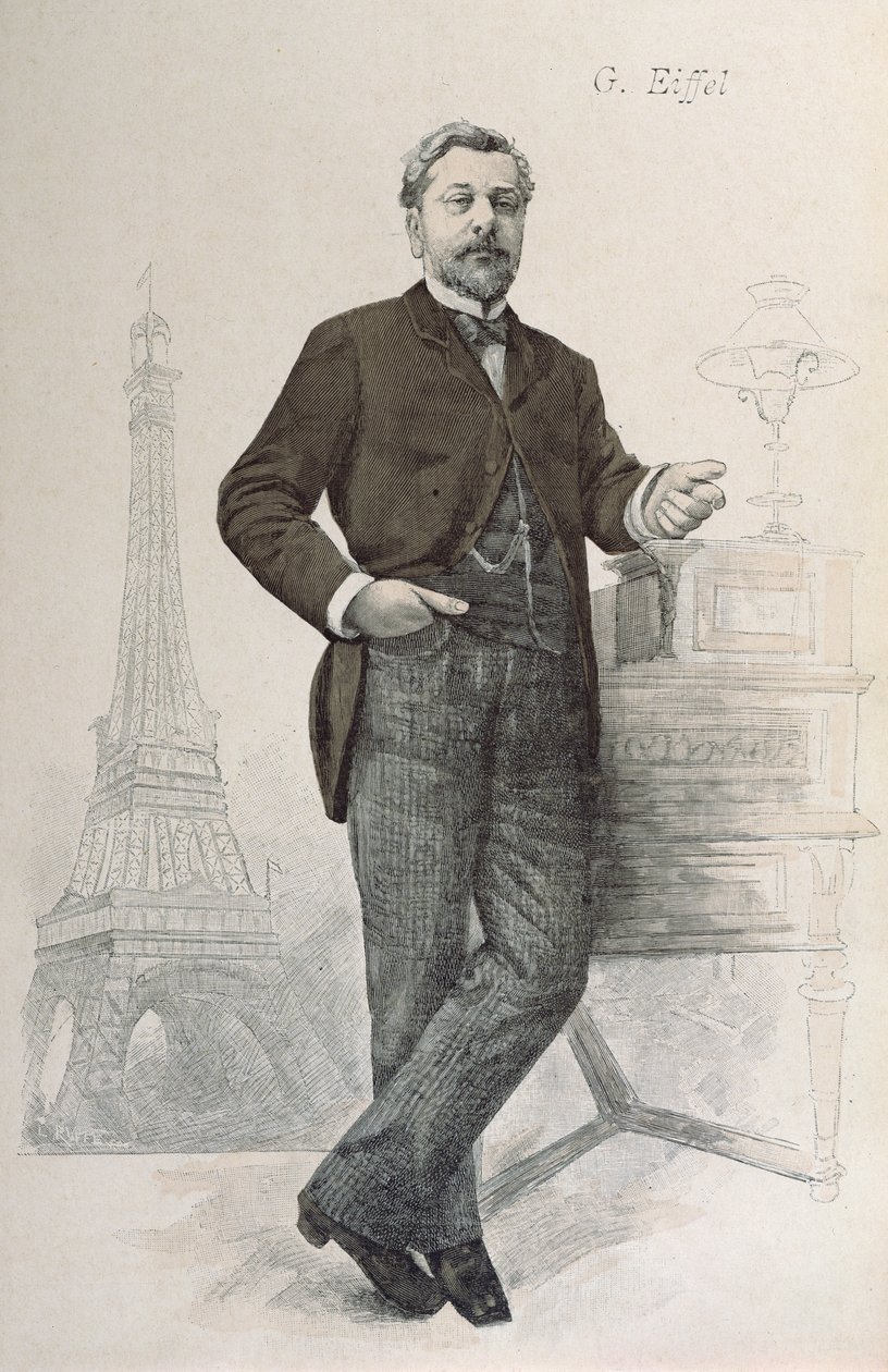 Alexandre Gustave Eiffel pozujący przy biurku z rysunkiem Tour Eiffel, ilustracja z La Revue Illustree, 1888 autorstwa French School