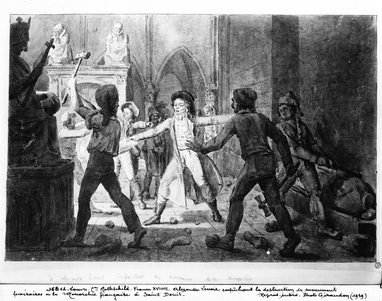 Alexandre Lenoir (1761-1839) przeciwstawiający się zniszczeniu grobów królewskich monarchii francuskiej w kościele Saint-Denis, 1793 (pióro i tusz i pranie na papierze) autorstwa French School