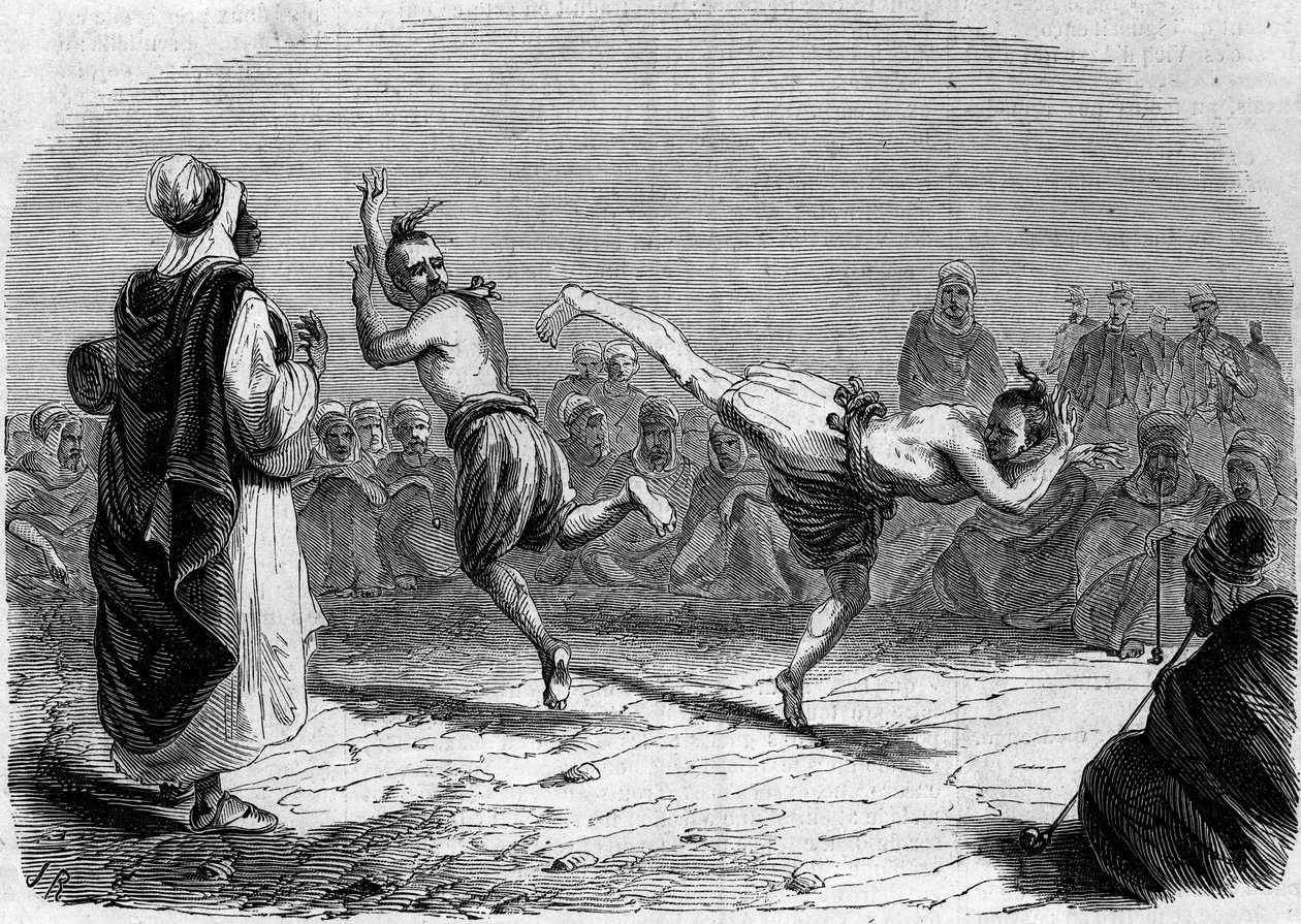 Zwyczaj algierski: taniec arabski. Rysunek p. Rigo, na podstawie szkicu p. Amelera, dowódcy batalionu. Grawer w „”Le Monde Illustré””n°86 z dnia 11 grudnia 1858 r. autorstwa French School
