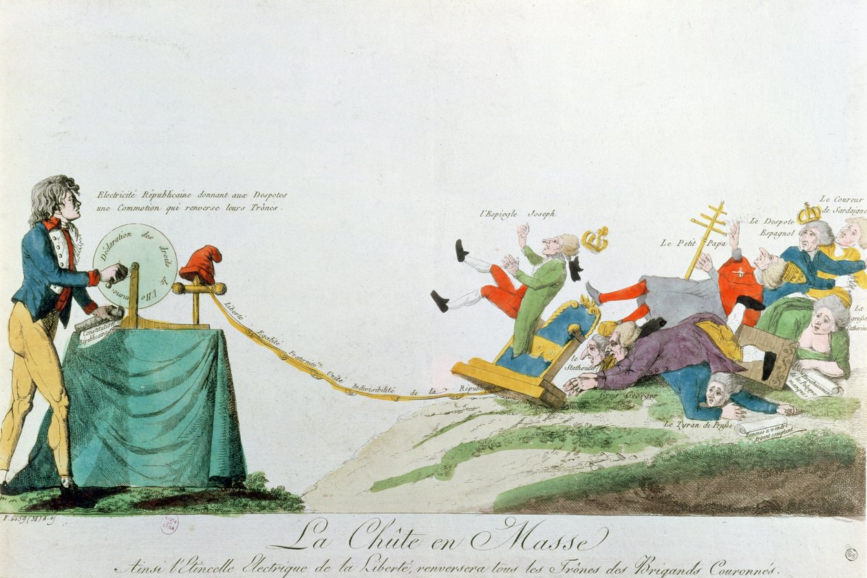 Wszystko upada, elektryczność wytworzona przez Deklarację Praw Człowieka podczas Rewolucji Francuskiej wywraca trony i monarchów Europy, ok. 1793 autorstwa French School