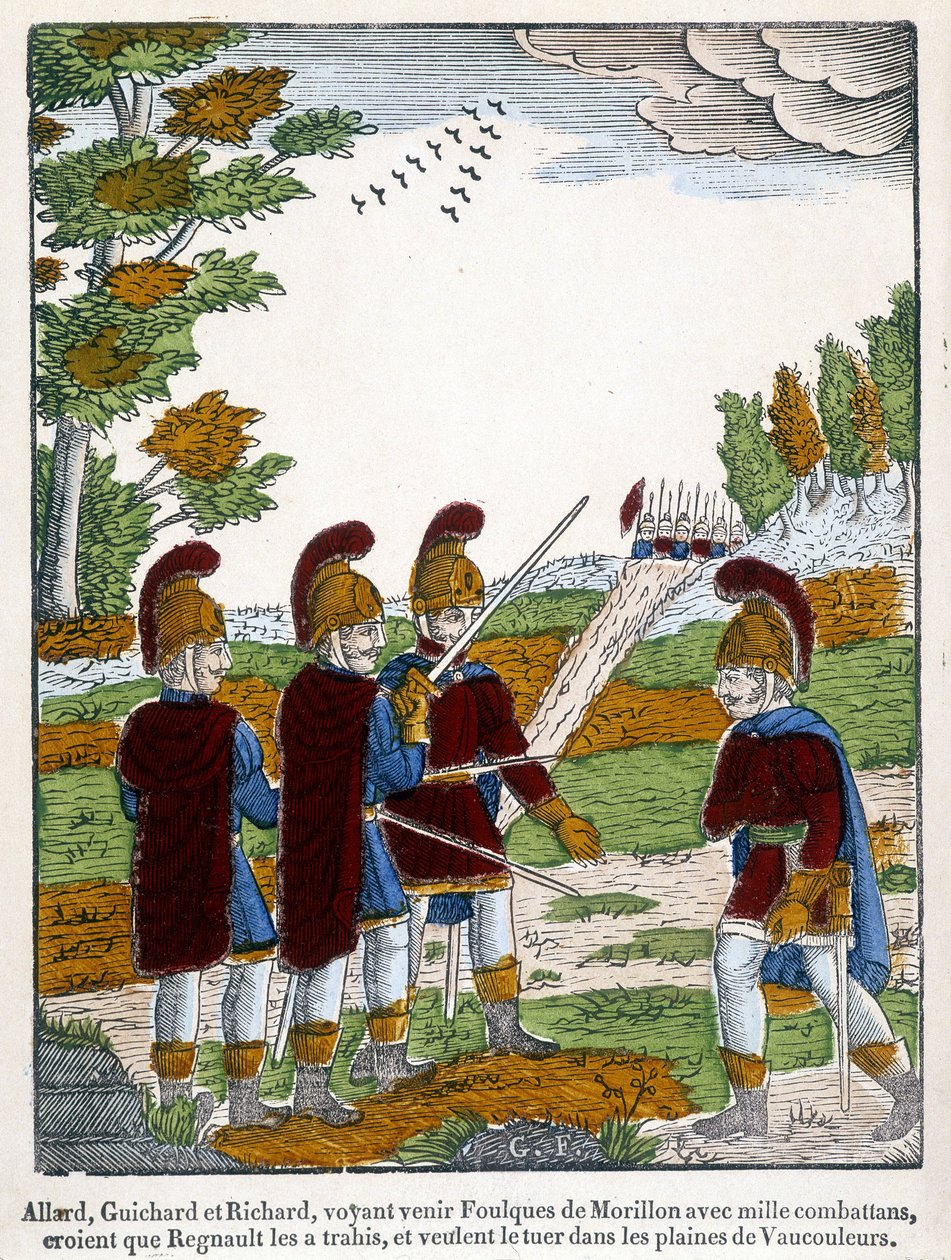 Allard, Guichard i Richard, widząc Łyski z Morillon idące z tysiącem wojowników, wierzą, że Regnaut ich zdradził i chcą go zabić na równinach Vaucouleurs. Wizerunek Epinal z 1825 r. przedstawiający scenę poematu epickiego z końca 1 autorstwa French School