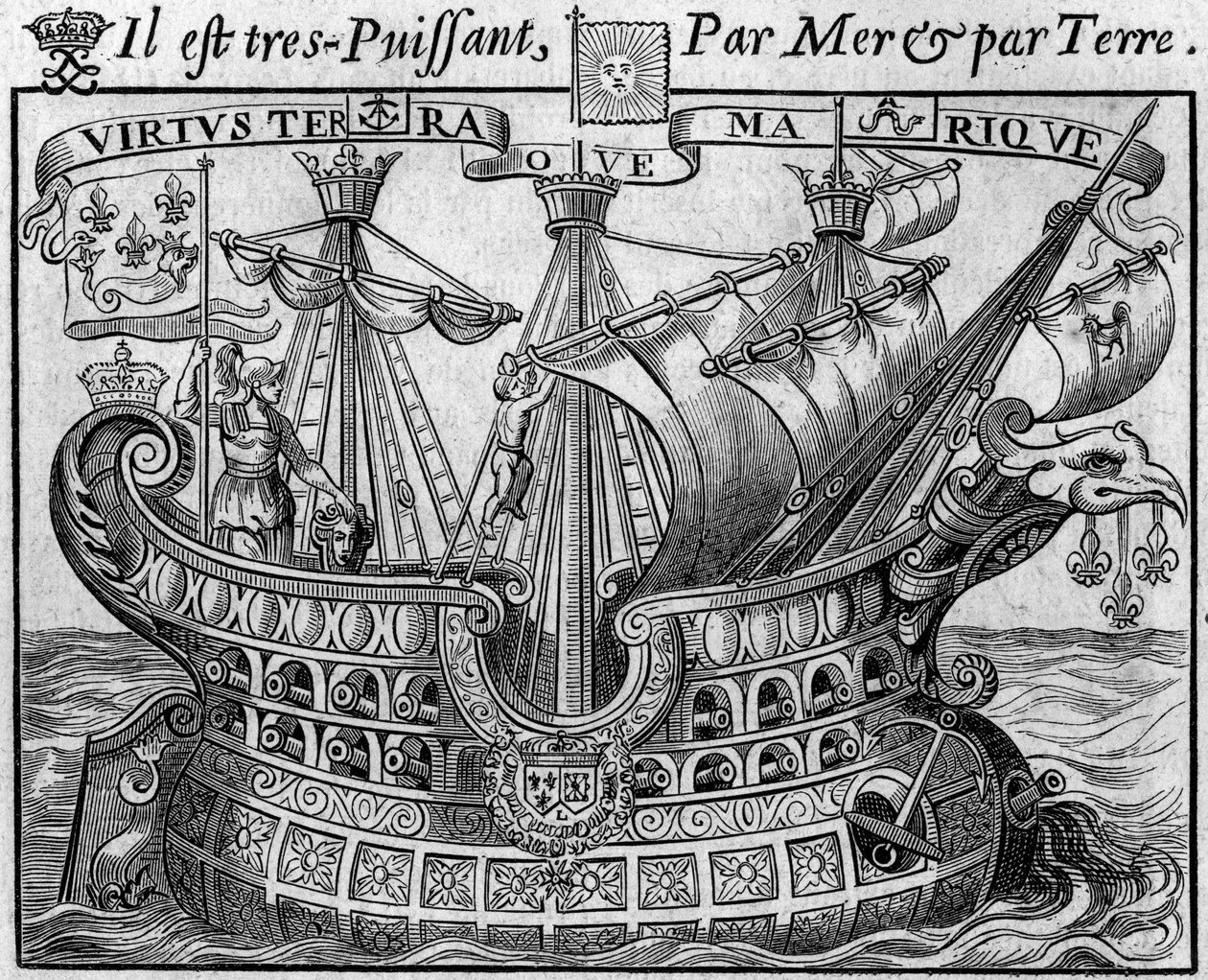 Alegoria władzy francuskiej: „Okręt państwa”, symbol Francji, również przypomina broń miasta Paryż. Fragment „Livre des monnoyes etrangeres ou le grand banker de France” (1687) autorstwa Francois Barreme (1638-1703), francuskiego matematyka. Eng autorstwa French School