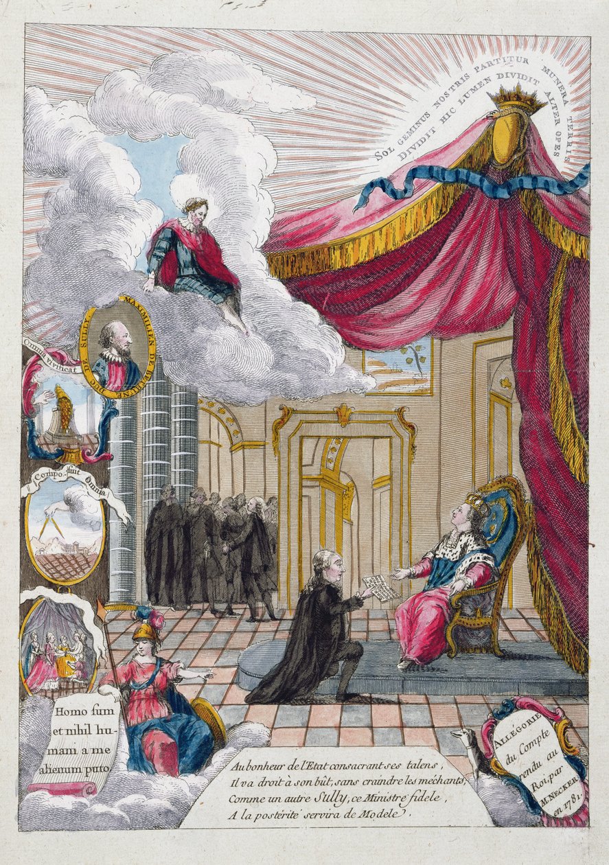 Alegoria raportu przekazanego Ludwikowi XVI (1754-93) przez Jacquesa Neckera (1732-1804) w 1781 r. (kolorystyka) autorstwa French School