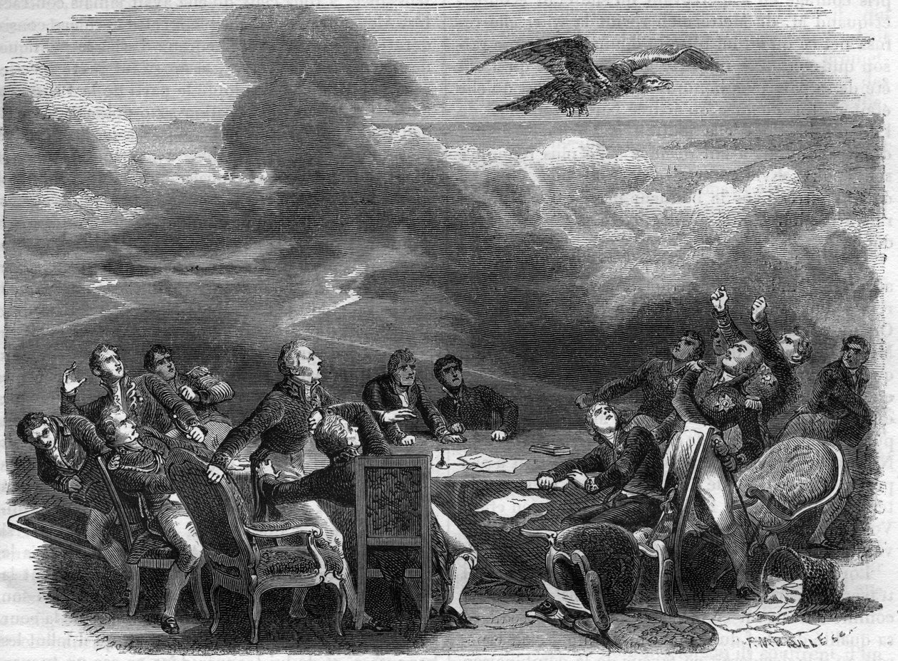 Alegoria zakończenia Kongresu Wiedeńskiego w 1815 r. - niezwykłe wzburzenie dyplomatów uczących się wysiadania Napoleona - w „Historii cesarstwa śladami dziejów konsulatu” Adolphe Thiers - 1879 - zbiory prywatne autorstwa French School